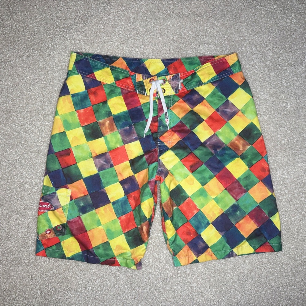 Mambo Australia Mens Multicolor Watercolor Checkerboard Board Shorts Size L 36‎